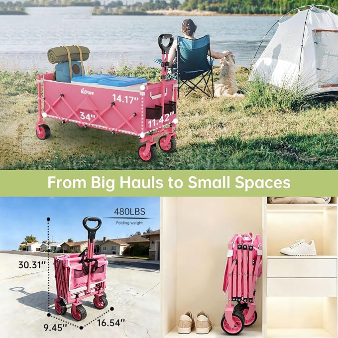Extra Long Collapsible Wagon Cart, 480LBS Heavy Duty Utility Wagons with All-Terrain Wheels, Foldable Grocery Carts for Gardening, Shopping, Beach, Camping, Rose Pink