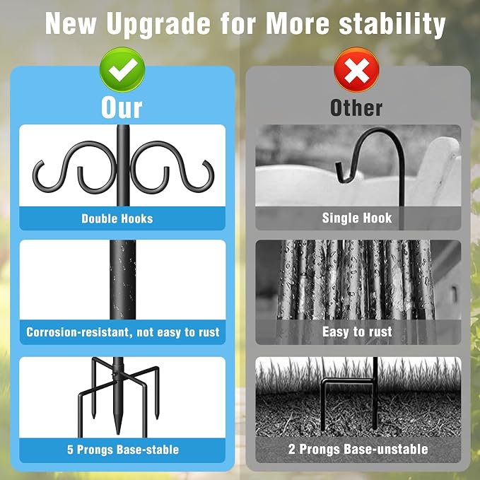Double Shepherds Hooks for Outdoor, 92 Inch Heavy Duty Bird Feeder Pole with 5 Prongs Base, Adjustable Shepherds Hook for Bird Feeder, Garden, Weddings, Hanging Plant, 2 Pack