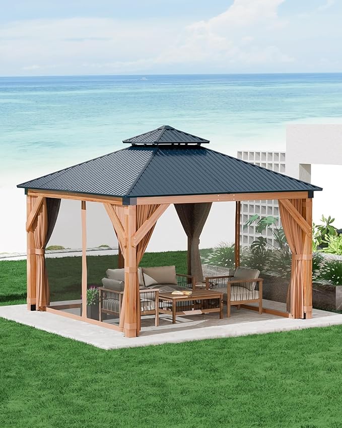 10’X10’ Spruce Wood Hardtop Gazebo with Double Metal Roof, Heavy-Duty 4.7" Poles, Curtains & Netting, All-Weather Outdoor Pavilion for Patio, Deck, Backyard, Lawn, Khaki – Easy Assembly
