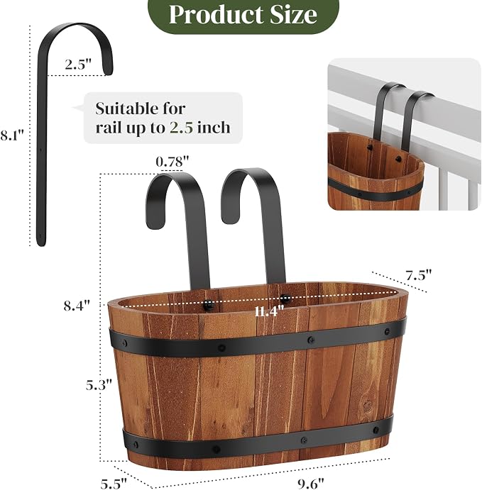Railing Planters for Outdoor Plants Balcony Hanging Flower Pots with Detachable Hooks, Window Flower Box Hanging Bucket Pots Fence Planters for Garden Home Decor (Brown-2pack, Small)