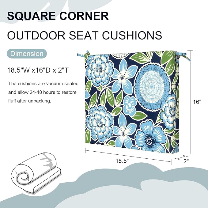DYTXIII Set of 2 Outdoor Chair Cushions, Water Resistant 18.5"x16"x2" Square Seat Cushion for Patio Dining Chairs, High-Density Replacement Pads for Indoor Outdoor Furniture - Azure Symphony‌