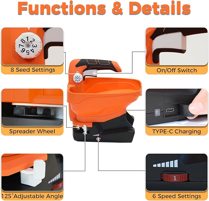 Electric Seed & Fertilizer Spreader, Type-C Rechargeable Handheld Lawn & Salt Spreader, 6 Speeds & 8 Flow Settings, 3.3L Capacity, 16.5 ft Wide Spread for Grass Seed & Ice Melt (Battery Included)