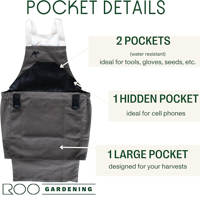 Roo Gardening Apron with Pockets for Women & Men - Canvas Garden Apron with Harvesting Pouch, Water-Resistant, Washable