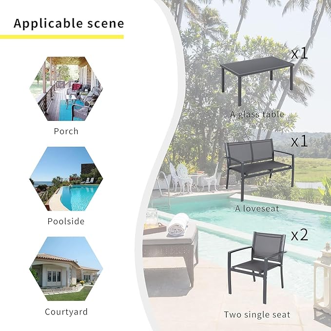 Shintenchi 4 Pieces Patio Furniture Set All Weather Textile Fabric Outdoor Conversation Set, with Glass Coffee Table, Loveseat, 2 Single Chairs for Home, Garden, Lawn, Porch（Gray）