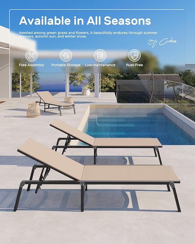 Patio Chaise Lounge Chair, Foldable Lounge Chair for Outside, Aluminum Chairs Set of 2 with 5 Adjustable Backrest, Outdoor Pool Lounger for Poolside, Lawn, Deck, Khaki