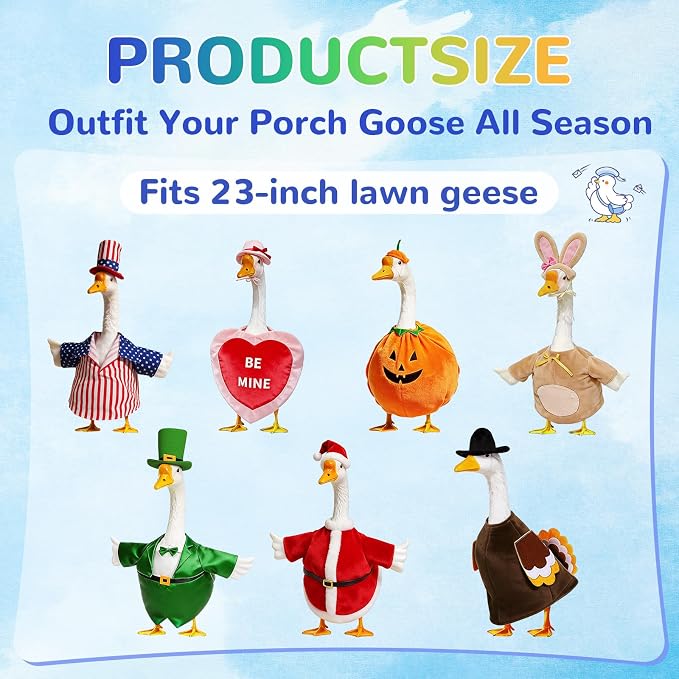7 set Holiday Porch Goose Outfits for 23 Inch Lawn Goose, 250th Anniversary 4th of July Patriotic Clothing, Valentine Easter St Patrick Fall Halloween Christmas Year Round Yard Patio Decor(23inch)