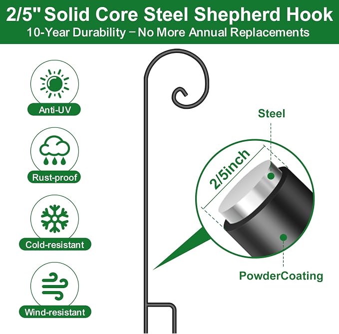 BEAU JARDIN Shepherd Hook 48 Inch 5 Pack One Piece Structure No Assembly Required 2/5 Inch Heavy Duty Solid Metal Shepards for Garden Outdoor Plants Lantern Mason Jar Wind Chimes Wedding Small