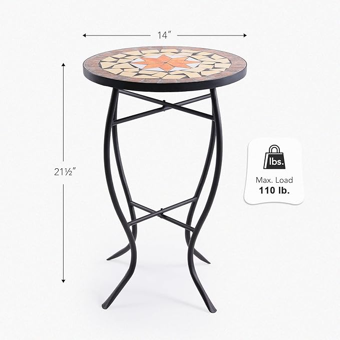 VONLUCE Mosaic Side Table and Plant Stand, 21" Round End Table with 14" Ceramic Tile Top, Indoor & Outdoor Accent Table, Porch Patio Furniture, Entryway & Coffee Table for Home & Garden, Maple