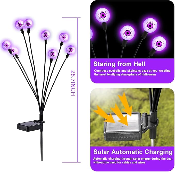 ASMAD Halloween Decorations Outdoor Solar Scary Eyeball Lights, 10Pack 80LEDs Purple Eyeball Swaying Firefly Light, Waterproof Halloween Path Lights for Garden/Yard/Patio/Party Decor