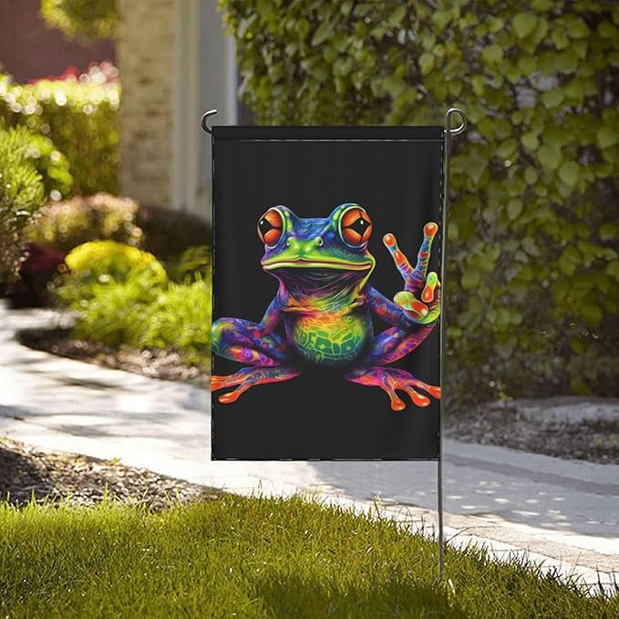 Delerain Colorful Peace Frog Garden Flag, 12.5 x 18 Inch Double Sided Design Weather Resistant Indoor & Outdoor Decoration Small Banner For Home Yard Lawn Patio Office
