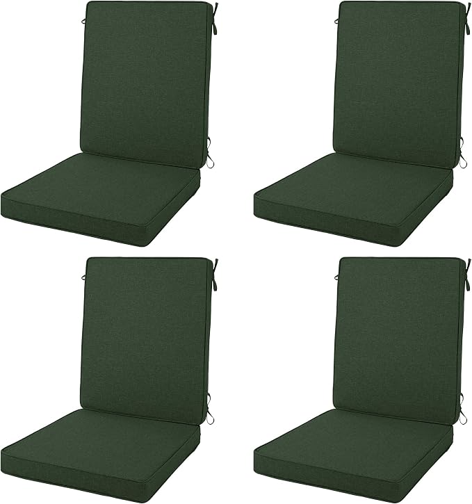Outdoor Chair Cushions 20x20, Water-Resistant & Fade-Resistant, Patio Furniture Lawn Dining Chair Seat Replacement with High Back, Ties Zipper, Removable Cover, Set of 4, Olive Green