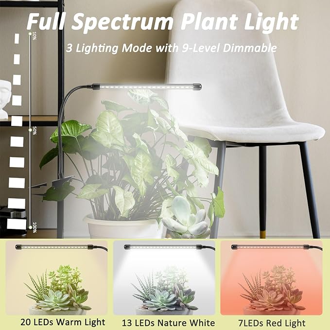 Clip On Grow Light for Indoor Plants,Full Spectrum Led Plant Grow Lights with Auto-Timer, Plant Growing Lamp for Seed Starting,Houseplants, Bonsai, Pot Plant(2 Lamps)