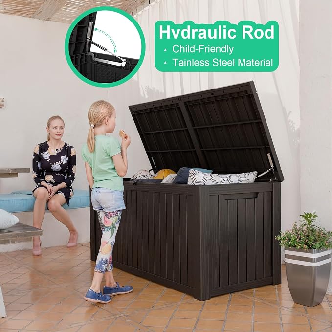 180 Gallon Deck Box, Waterproof Resin Outdoor Storage Box Lockable for Patio Furniture, Fade Resistant Patio Side Table & Organizer for Garden Tools, Pool Floats, Outdoor Cushions, Black