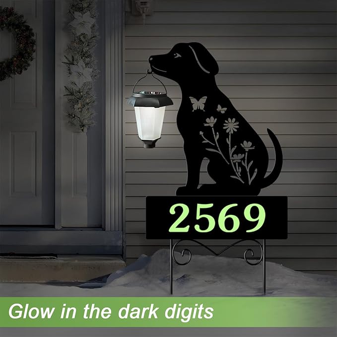 Solar House Numbers for Outside,Metal Dog Address Signs for Houses Yard | Glow in The Dark Decorative Outdoor Ornaments for Garden Stakes,Lawn,Pathway,Patio