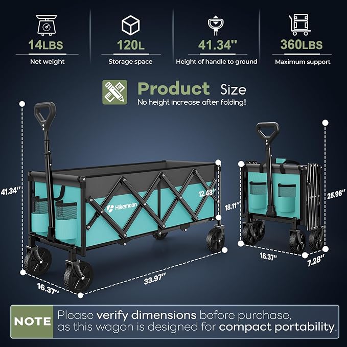 Hikemoon 34'' Extra Long Collapsible Wagons Carts Foldable, 360LBS Heavy Duty Folding Beach Wagon Cart with Wheels, Portable Utility Outdoor Wagon for Grocery, Shopping, Garden, Sports, Turquoise