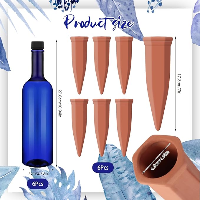 Teenyyou 12 Pcs Watering Spikes for Indoor Plants Include 6 Terracotta Self Watering Spikes Devices and 6 Pcs 26 oz Plastic Bottles Slow Release Vacation Insert Automatic(Blue)