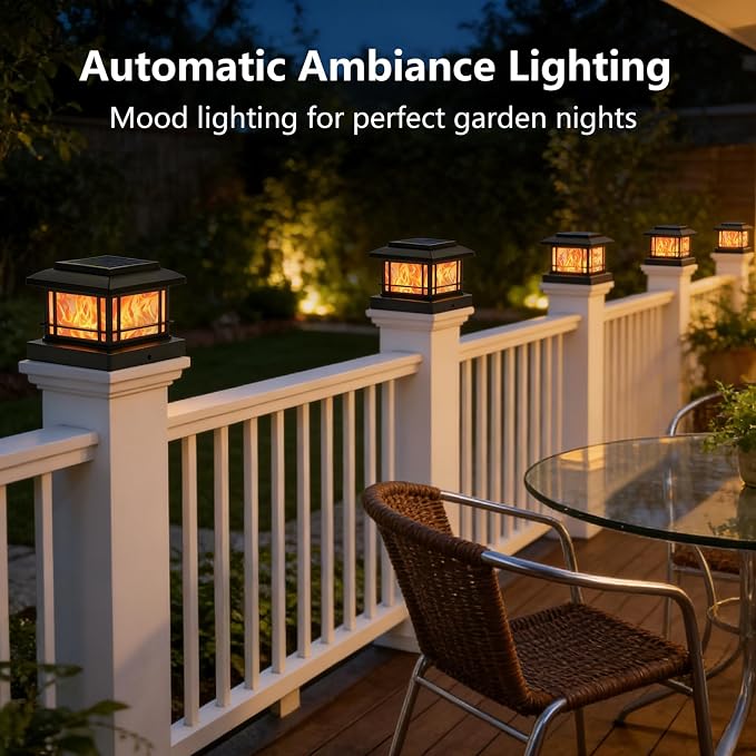 8 Pack Solar Post Cap Lights Outdoor with Flickering Flame, Fence Post Solar Lights Fit for 4x4 3.5x3.5 Wooden Vinyl Posts, Waterproof Solar Lamp for Garden, Deck, Patio, Yard Decor (Black)
