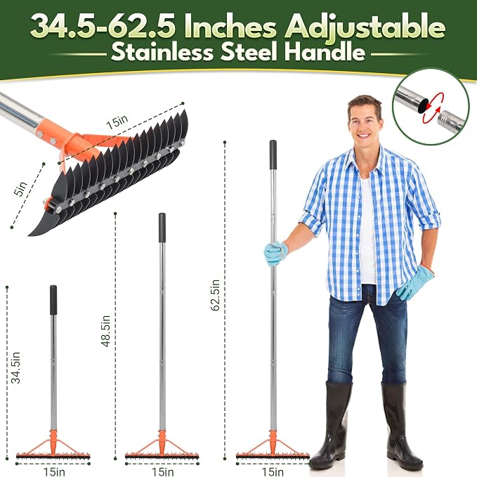 Thatch Rake for Lawns 18 Sharp Tempered Spring Steel Tines Dethatcher Rake Heavy Duty Dethatching Rakes with 62.5" Adjustable Stainless Steel Handle for Lawn Care，Dead Grass, Garden, Yard