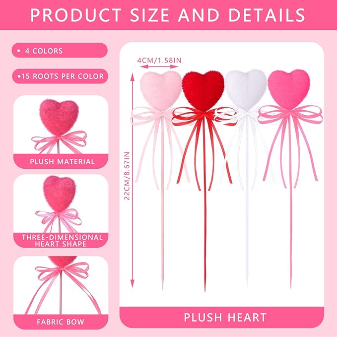 60 Pcs Valentine's Day Heart Picks Red Pink Foam Picks Valentine Heart Puffy Sticks for Tree Flower Arrangements Bouquet Wedding Table Centerpiece Vase Filler Home Decorations