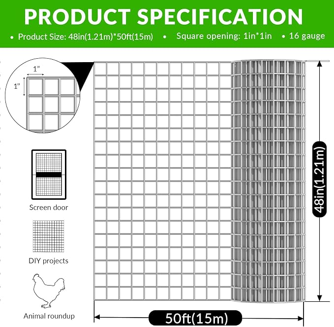 Welded Wire Fence 1‘’x 1‘’ 48in x 50 ft,Vinyl Coated Welded Wire Mesh Roll,16GA Heavy Duty Galvanized Chicken Wire Fencing, Hardware Cloth for Yard Vegetable Protection Goat & Poultry Netting
