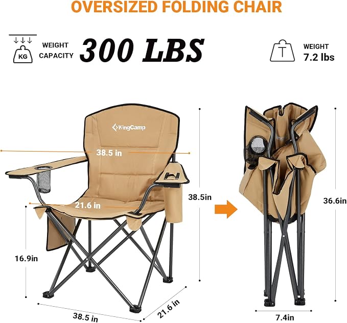 KingCamp 2 Pack Oversized Camping Chair for Adults Folding Chairs Heavy Duty 300lbs Camp Chair Padded Outdoor Chair with Cooler Bag, Cup Holder, Side Pocket for Garden Fishing Picnic Sports…