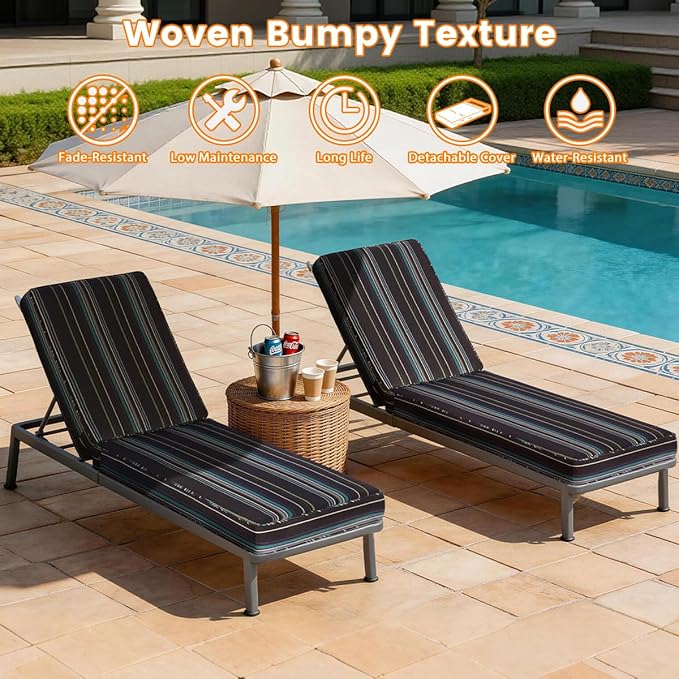 Sundale Outdoor Olefin Chaise Lounge Cushion Set of 2, Water-Resistant Patio Lounge Chair Cushion, Thick Lounger Pad with 4 Straps Harbor Blue, 80 x 26 x 4 Inches