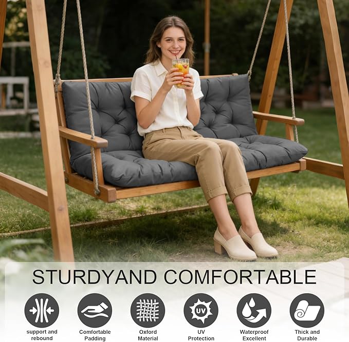 Porch Swing Cushions, Outdoor Swing Replacement Cushions 3 Seater with Backrest, Waterproof Bench Cushion with Ties,for Patio,Porch, Garden,Backyard