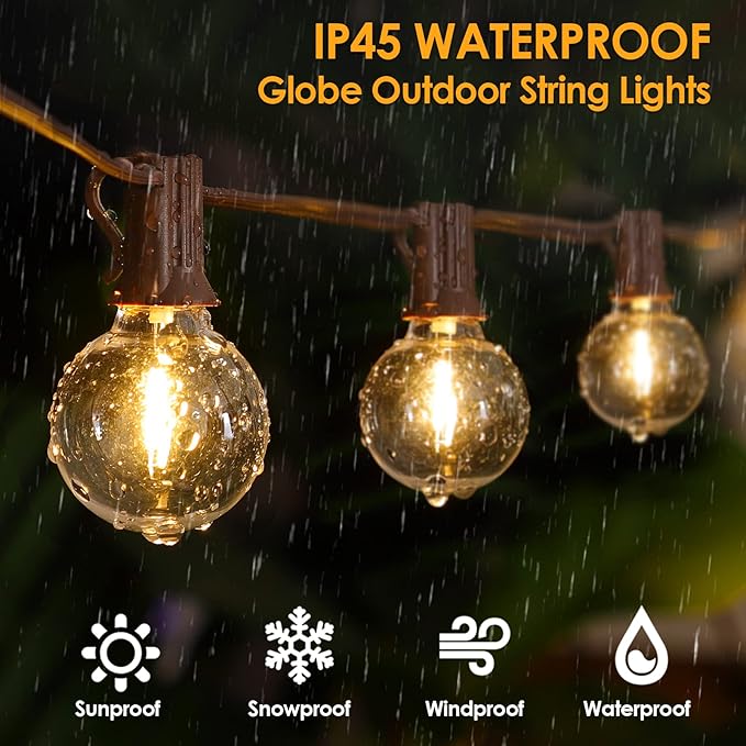 Larkvue 25FT Solar String Lights Outdoor with Remote, Waterproof Dimmable 3 Modes Patio Lights with 10+1 LED Shatterproof G40 Bulbs for Wedding-Brown