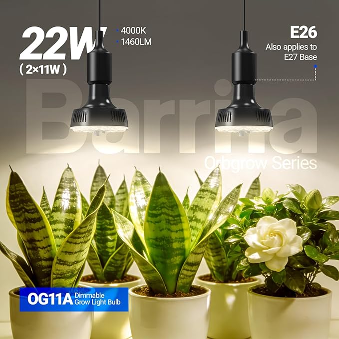 Barrina Orbgrow OG11A Grow Light Bulbs for Indoor Plants, Integrated Dimming & Timing, 4000K 22W(2 x 11W, 200 Watt Equiv), E26 Plant Light Bulb, Full Spectrum for Seeds and Greens, 2 Packs, Black