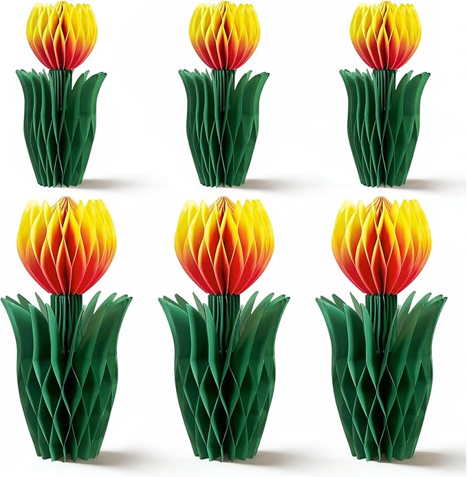 OBBOLO 6 Pcs Tulip Honeycomb Decorations, Spring Decorations for Office, Spring Table Decor, Tulip Party Decorations, Spring Centerpieces for Tables for Mothers Day Spring Party, Womens Day