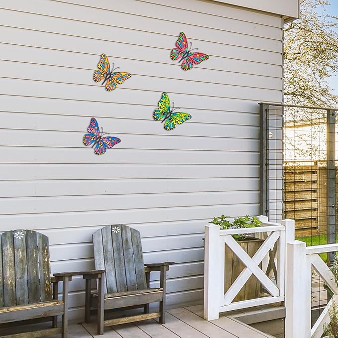 4 Pack Outdoor Butterfly Wall Decor - 9.6 inches Metal Butterfly Wall Art Decorartion for Yard Fence Garden Patio Balcony