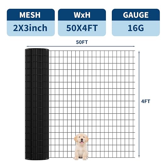 PVC Coated Welded Wire Fence,48 Inch x 50 Foot,16GA,Black Vinyl Coated Metal Wire Mesh Fencing Roll for Garden Border, Yard Vegetable Plant Protection and Poultry Netting