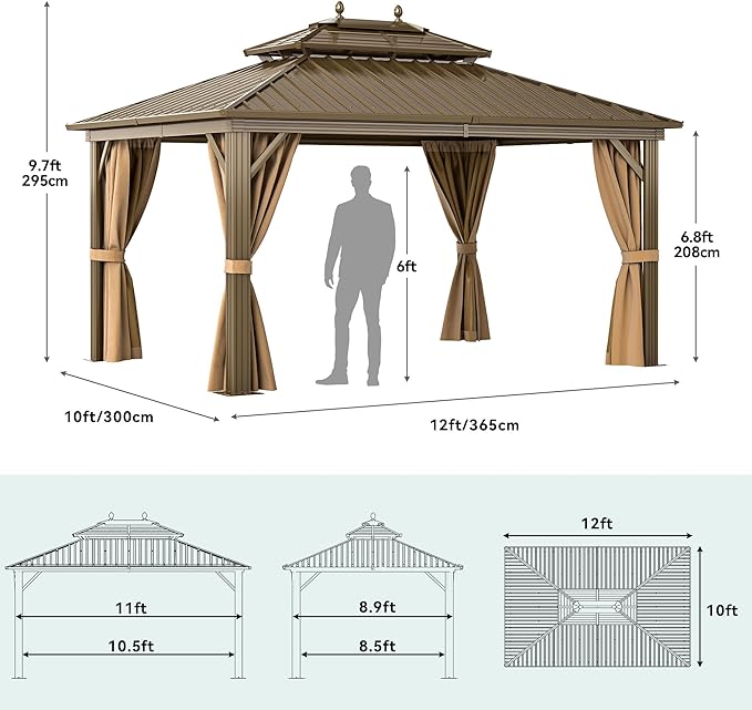 YITAHOME 10x12ft Outdoor Hard top Gazebo with Nettings and Curtains, Heavy Duty Double Roof Galvanized Steel Hardtop Roof for Patio, Backyard, Deck, Lawn