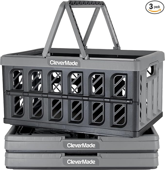 CleverMade Eco Collapsible Shopping Basket with Handles, 24L Stone, 3 Pack