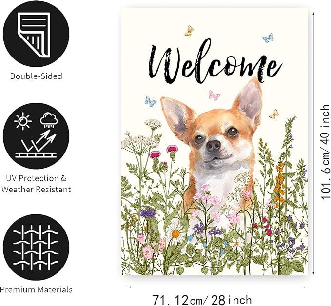 Floral Chihuahua Garden Flag Spring Summer House Flags 28 x 40 Double Sided Flower Dog Yard Flags for Outside Large Outdoor Welcome Flags