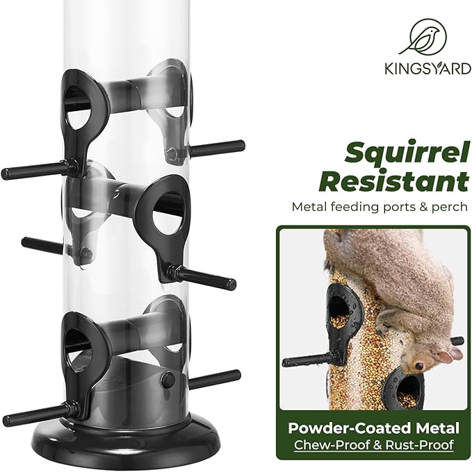 Kingsyard Metal Bird Feeders for Outdoors Hanging, Tube Bird Feeder with 6 Feeding Ports, 15 Inch, Chew-Proof & Weatherproof, Black