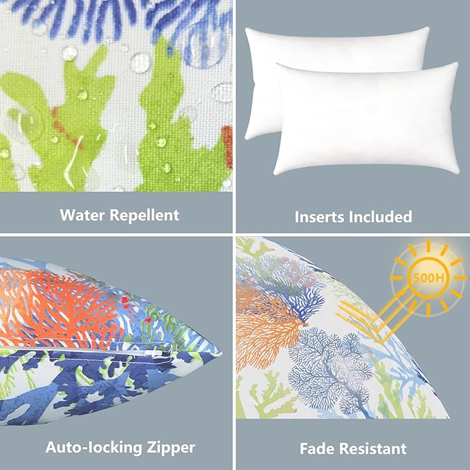 LVTXIII 12×20 Inch Outdoor Lumbar Pillows, Pack of 2 Water Repellent Lumbar Pillow with Inserts, Fluffy Decorative Garden Lumbar Cushions for Home Patio Coach Sofa Use, Coral Multi