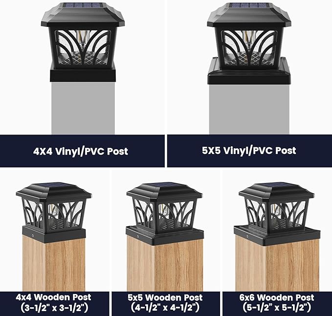 SIEDiNLAR Solar Post Cap Lights Outdoor, Aluminum Glass 2 Modes Fence Post Caps for 4x4 5x5 6x6 Vinyl Wooden Posts Fence Deck Patio Decor, Warm White/Cool White Lighting 2 Pack (Black)