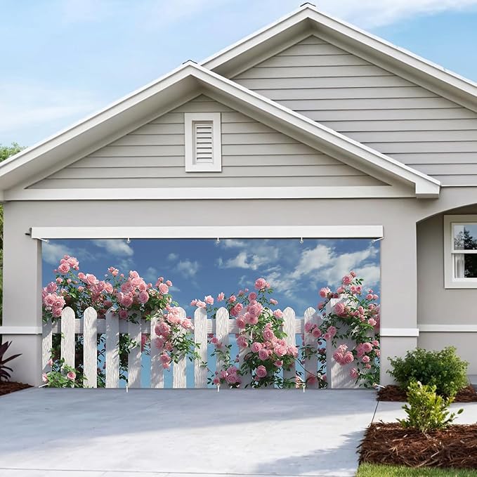 7 * 16FT Summer Garage Door Cover Decorations Sunset Palm Trees Garage Door Banner for Outdoor Indoor Summer Party Photography Backdrop (Rose garden fence, 7 * 16 ft)