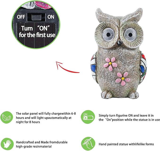 Solar Garden Owl Statue - Decorative Owl Figurine with Solar Powered Eyes, Gray Stone-Look Finish for Outdoor Decor