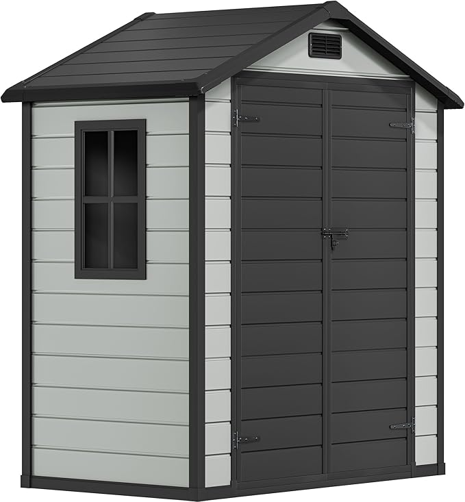 DWVO 6x4 FT Resin Storage Shed with Reinforced Floor, Outdoor Storage Shed with Lockable Door, Window and Vents, Waterproof Plastic Tool Storage for Garden, Backyard, Patio, Lawn(Blue-Gray+Black)