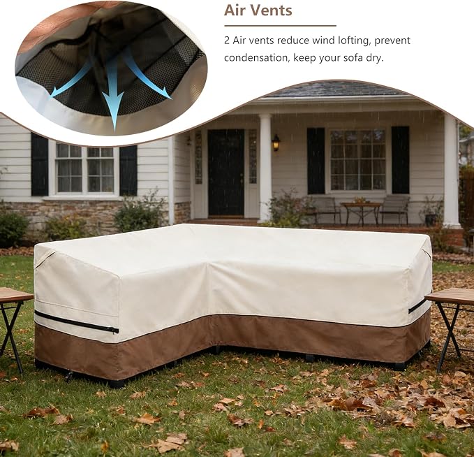 okcool Outdoor Sectional Cover,L-Shaped Patio Furniture Covers for 4-Seater Outdoor Sectional Furniture Couch 85”W (Back Length) x 58”W (Right Side),Beige & Brown