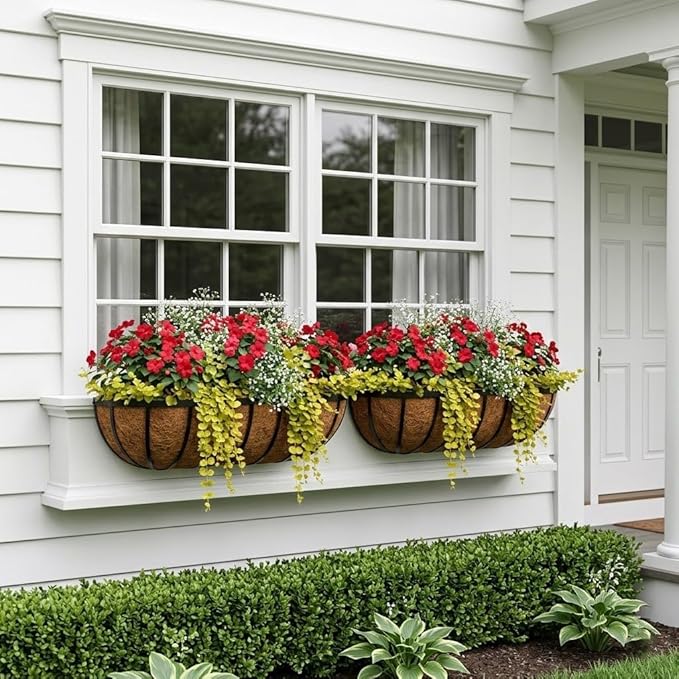 24 Inch Railing Planter Boxes with Adjustable Brackets for Hanging Outdoor Plants, Window Box Planter with Coco Liner for Balcony Deck Porch & Patio Garden Decor, 4 Pack & Black