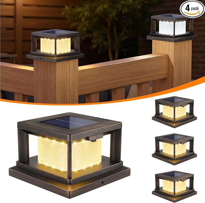 Mlambert 4 Pack Solar Post Lights Outdoor, 2 Modes LED Fence Cap Light for 4x4 Post, Waterproof Deck Light Patio Garden Decor, Warm/Cool White, Brown