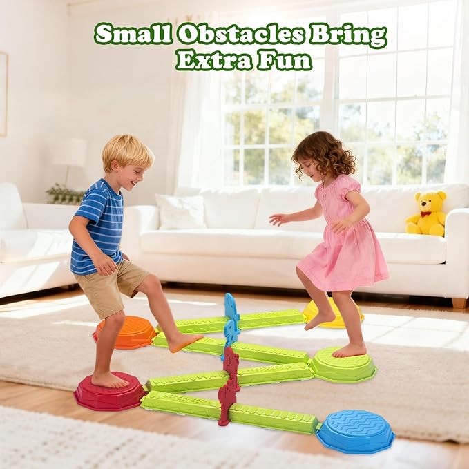 VROGTIK Stepping Stones for Kids, 15 Piece Balance Beams Toddler Stepping Stones Obstacle Course Sensory Toys with Game Spinner and Card for Indoor Outdoor Toys Gifts for 3 4 5 6 7 8 9 Years Old Kids