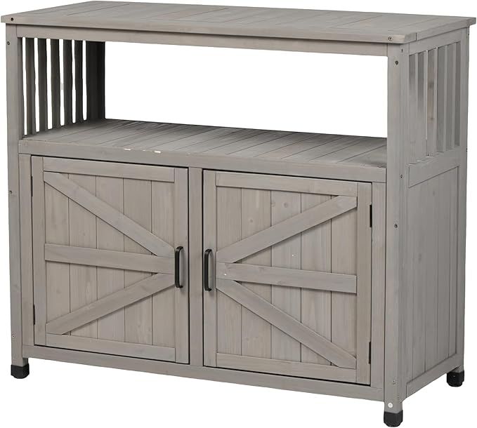 YOPTO Outdoor Wood Storage Cabinet,Garden Patio Bar Table Set with 2 Handles,Buffet Cabinet Sideboard Furniture for Lawn,Grey