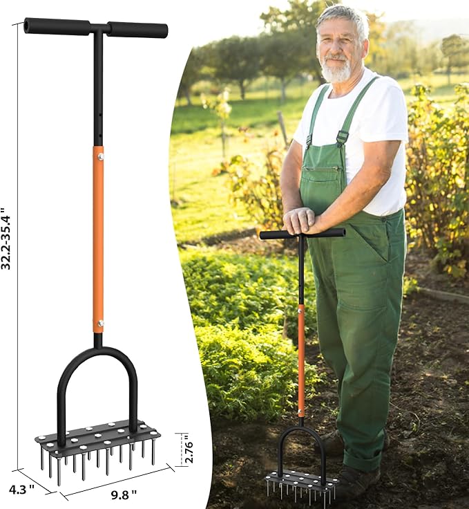 Aerator Lawn Tool Lawn Aerator -Heavy Duty Manual Grass Aerator with 15 Iron Spikes, Height Adjustable, Yard Aerator Tool for Lawn（Orange）