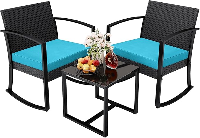 Greesum 3 Piece Outdoor Bistro Set, Imitation Rattan Conversation Set, Patio Furniture with Glass Top Coffee Table for Pool, Deck, Porch, Garden or Balcony, Bright Blue