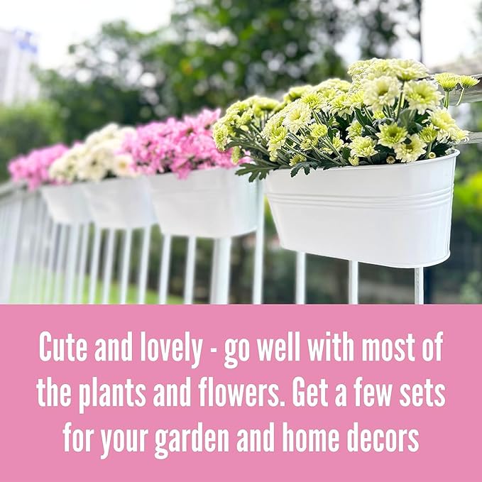 Maxona Metal Iron Hanging Flower Pots, 8 Pack, 11.8 Inch Oval White Railing Fence Hanging Bucket Pots Countryside Style Window Flower Plant Holder with Detachable Hooks Home Décor
