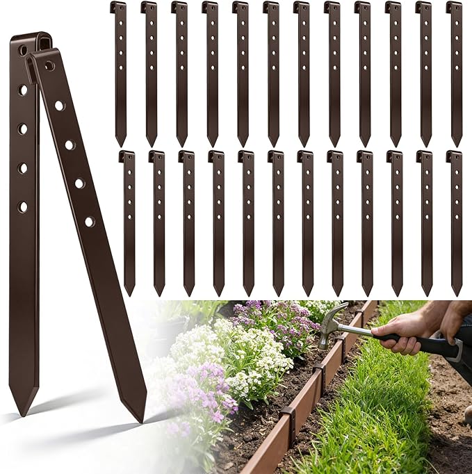 Fumete 36 Pcs 10'' Metal Landscape Stakes Bulk Garden Ground Edging Spikes with Holes Heavy Duty Anchoring Spike Carbon Steel Lawn Stake for Flowerbed Edging Grass Board Barrier Yard(Brown)